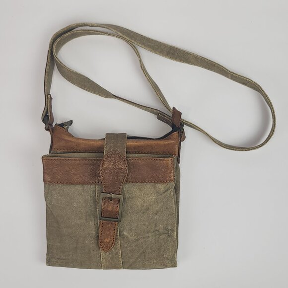 Mona B Unisex Crossbody Brown Canvas With Leather Accents - Picture 2 of 8